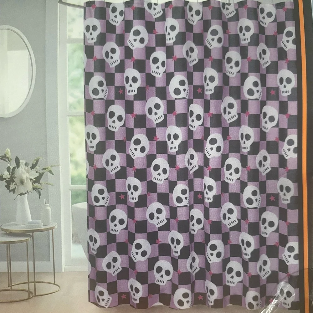 Booporium Decorative Fabric Skulls and Stars Shower Curtain with Hooks 13 pc Set